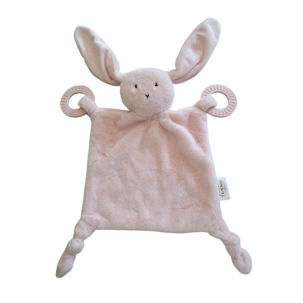 Bella Tunno Lovey Pink Bunny Teething Toy Rattle Silicone Rings Baby Plush 10”